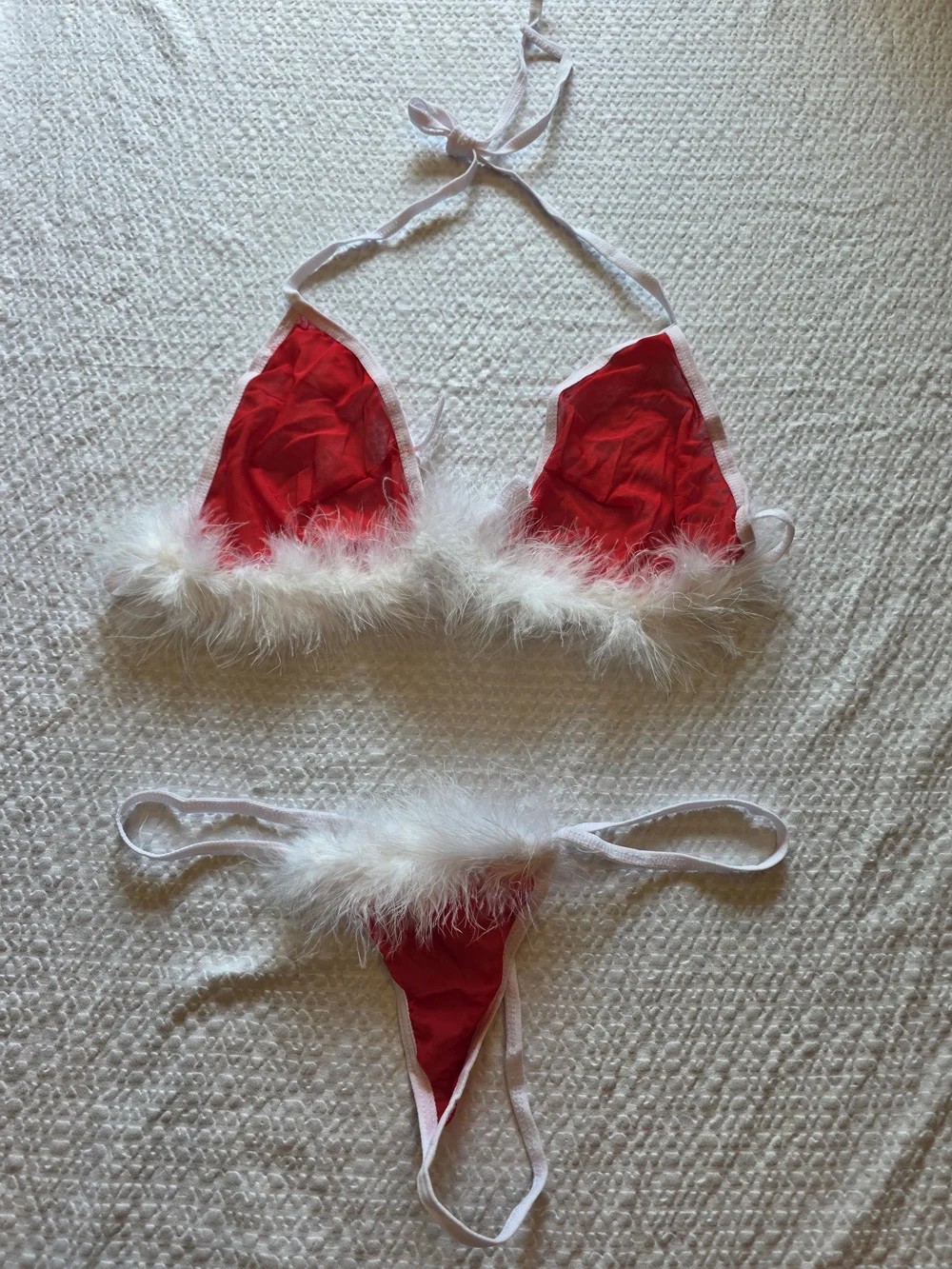 Red & White Feather-Trim Triangle Bikini Set L